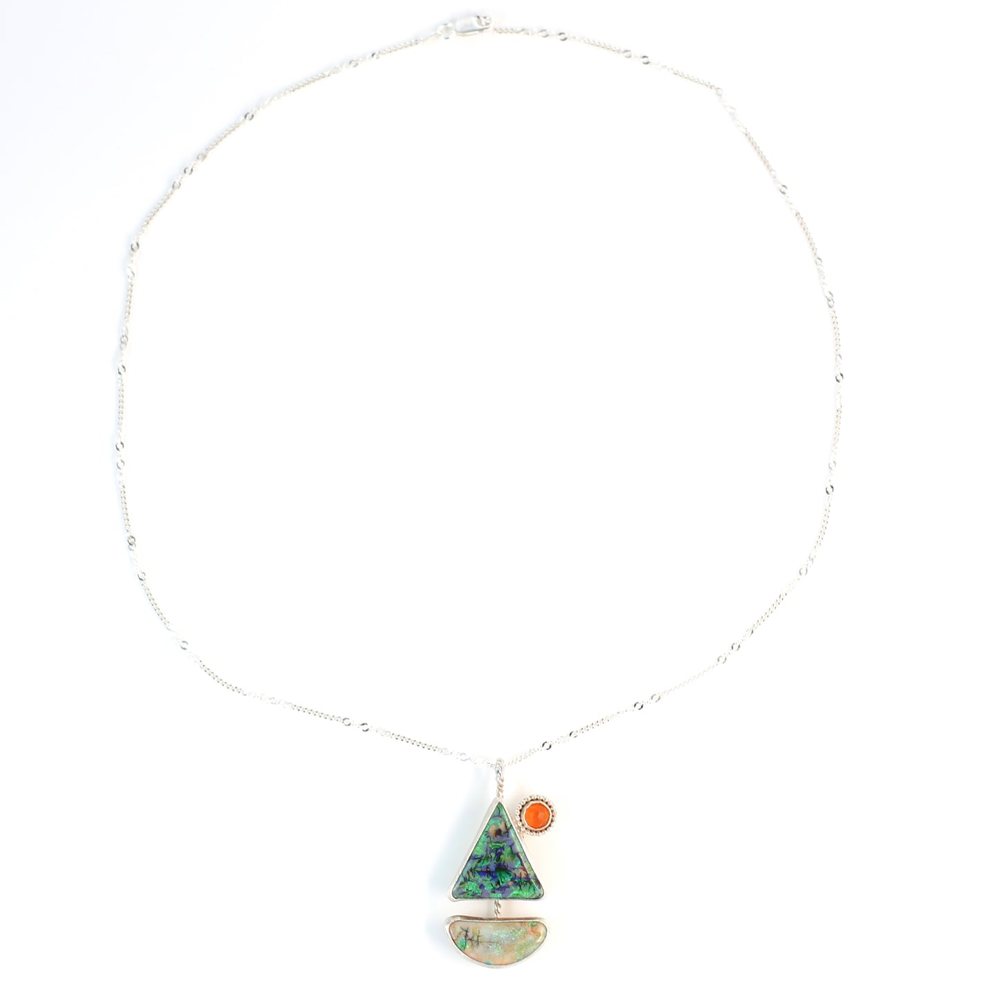 Handmade multicolored Monarch Opal and orange Carnelian Sterling Silver Sailboat with Sun Sterling Silver Pendant Necklace.