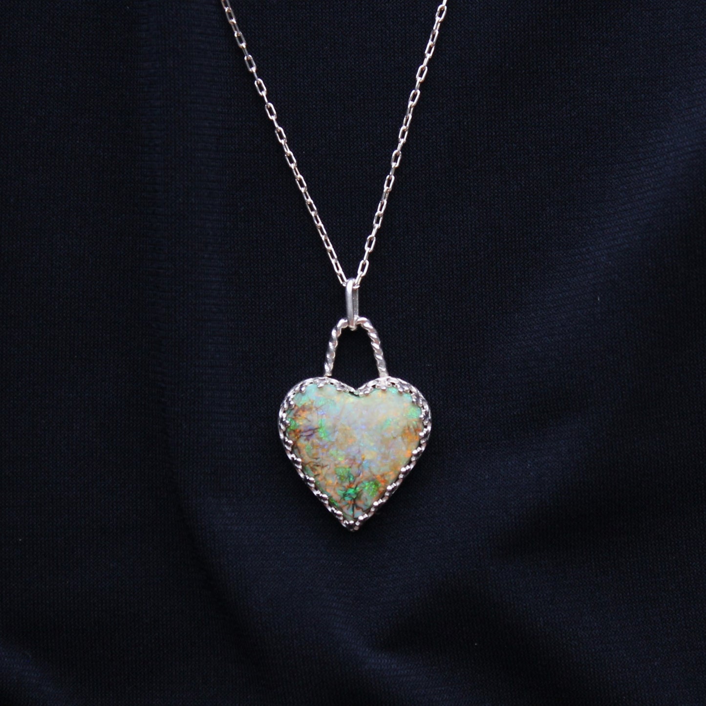 Lab Created Monarch Opal Gemstone Heart Sterling Silver Pendant Necklace. Handmade by Cara Carter Jewelry