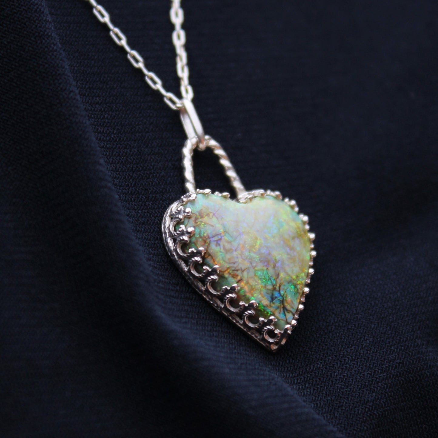 Lab Created Monarch Opal Gemstone Heart Sterling Silver Pendant Necklace. Handmade by Cara Carter Jewelry