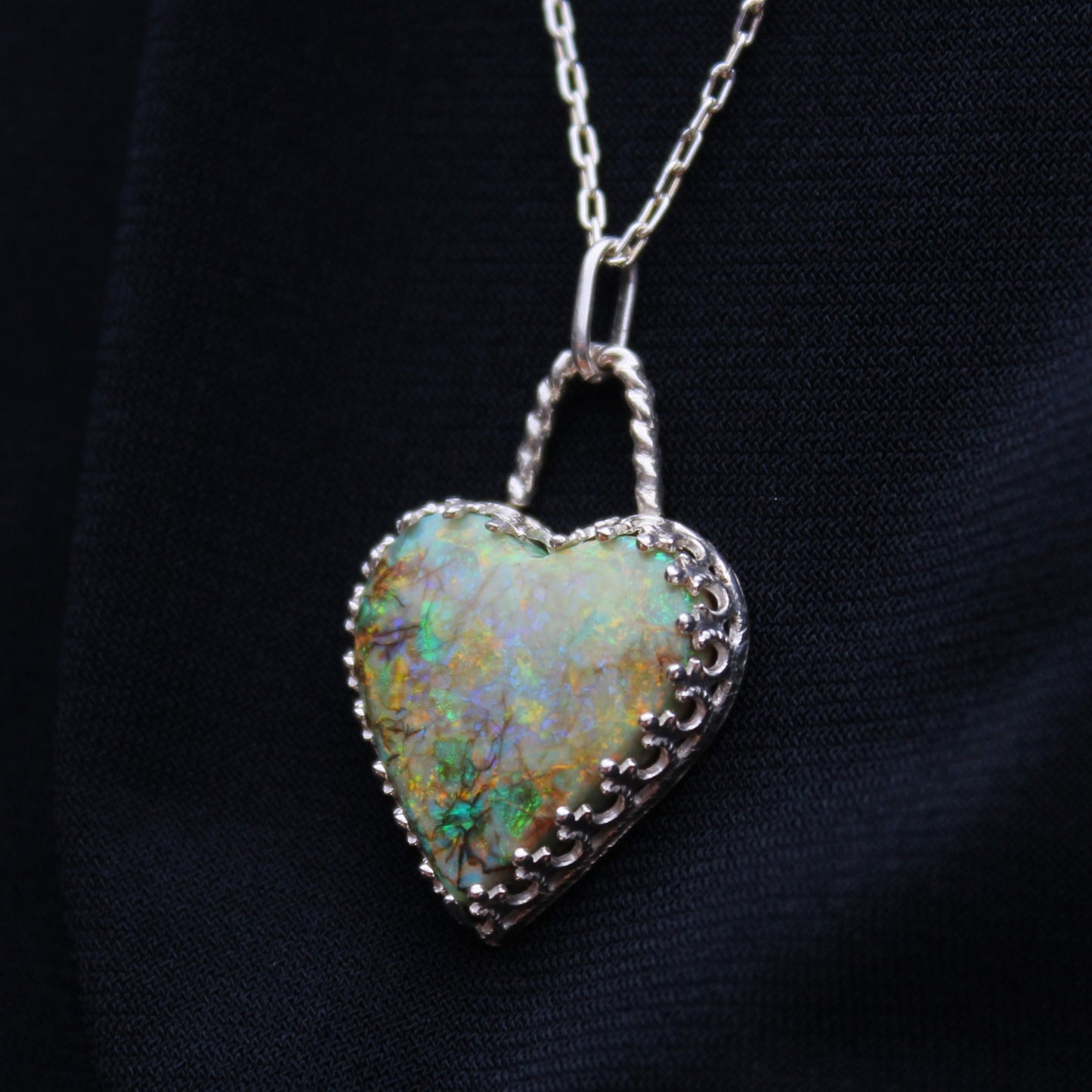 Lab Created Monarch Opal Gemstone Heart Sterling Silver Pendant Necklace. Handmade by Cara Carter Jewelry
