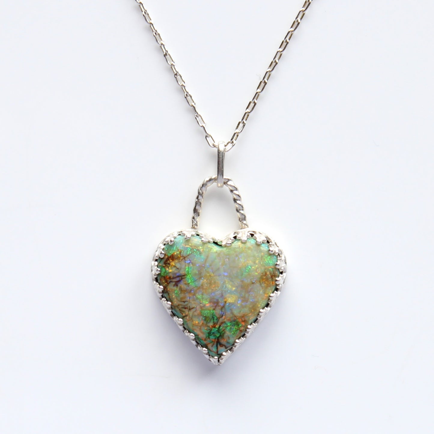 Lab Created Monarch Opal Gemstone Heart Sterling Silver Pendant Necklace. Handmade by Cara Carter Jewelry