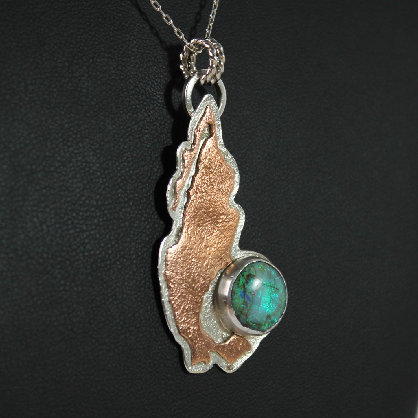 Monarch Opal Mexico Hand Cut Pendant in Sterling Silver and Copper