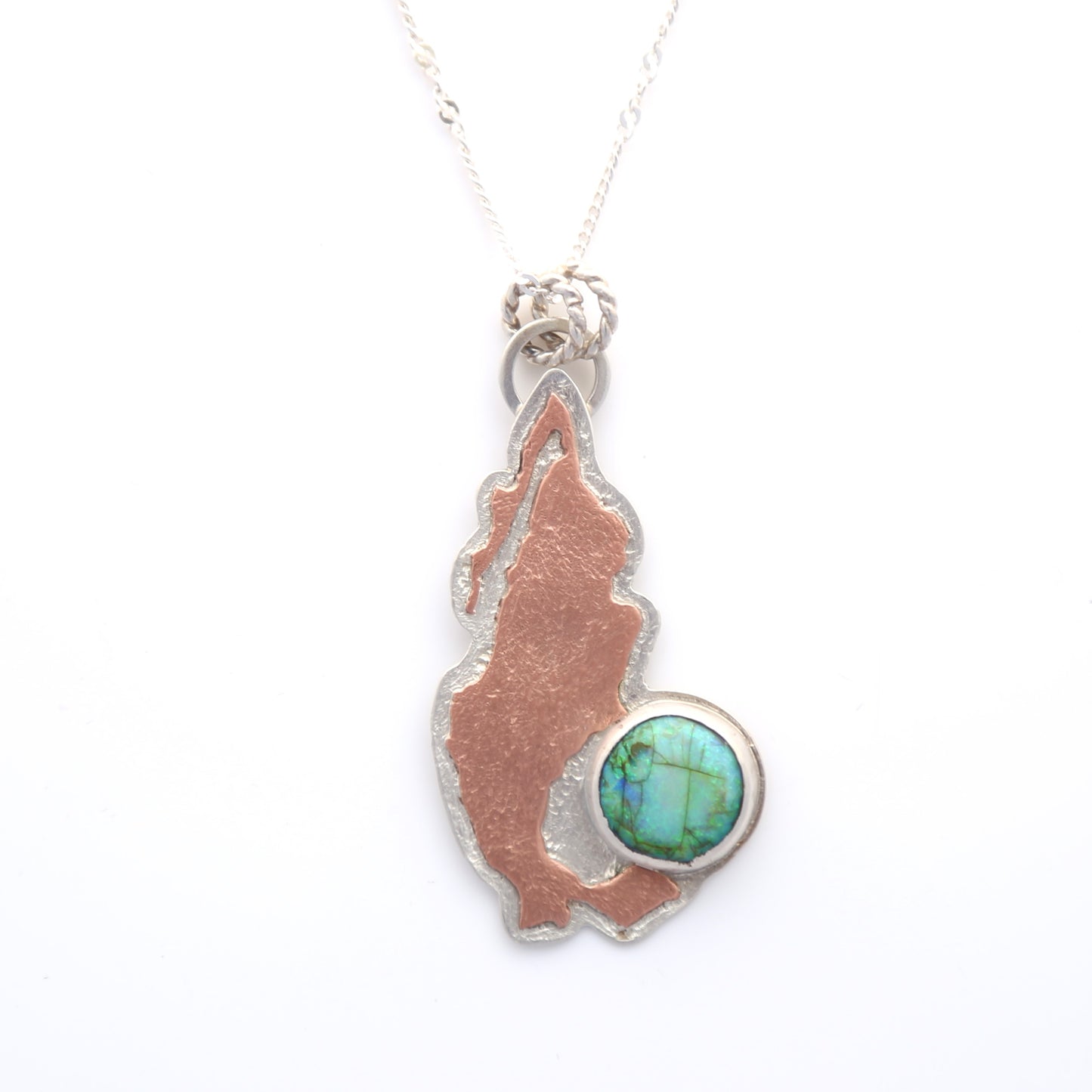 Monarch Opal Mexico Hand Cut Pendant in Sterling Silver and Copper