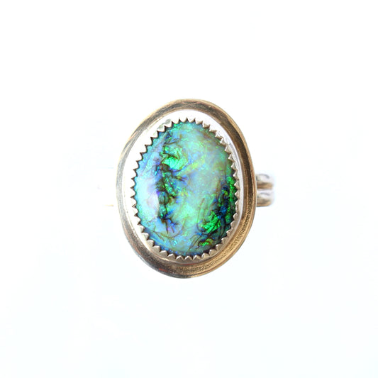 Monarch Opal Green Gemstone Milky Way Ring Size 8 set in Sterling Silver