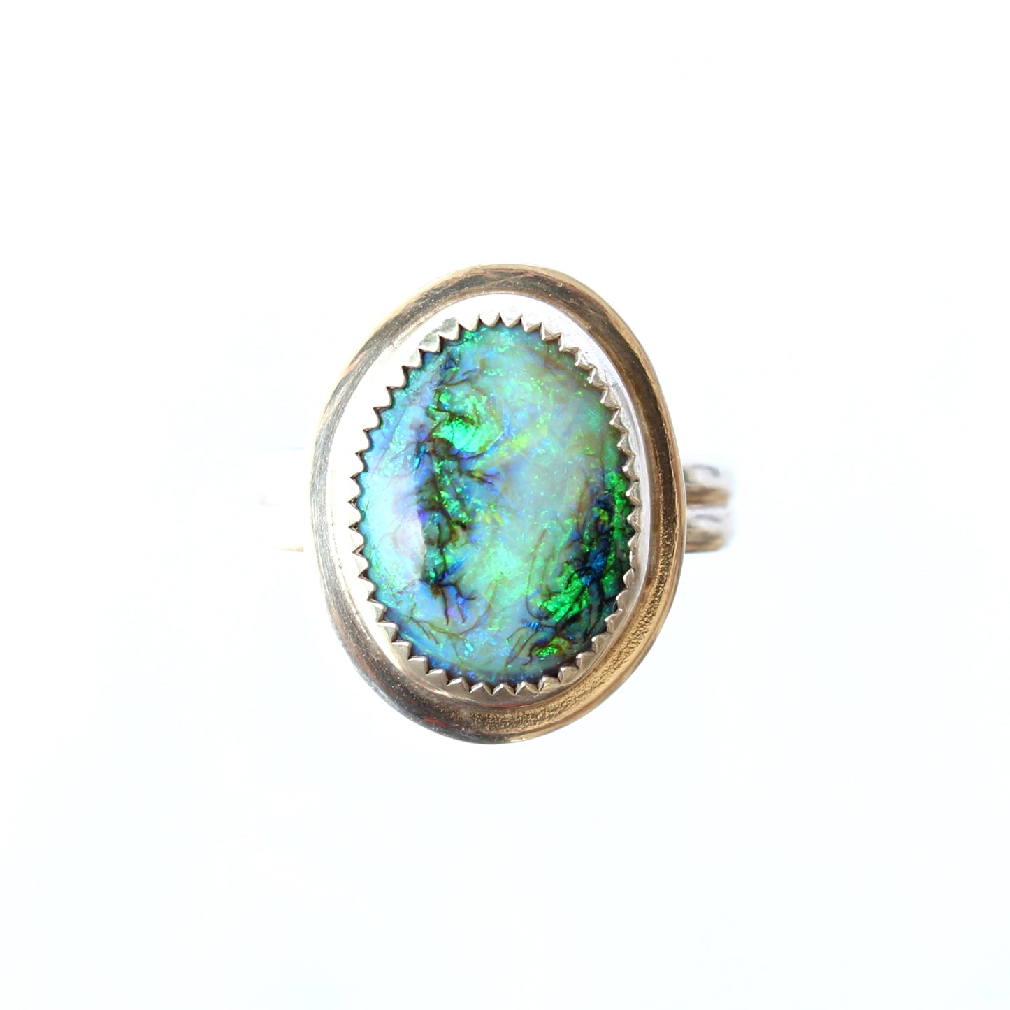 Lab Created Blue Green Monarch Opal Gemstone set in Sterling Silver. Handmade by Cara Carter Jewelry