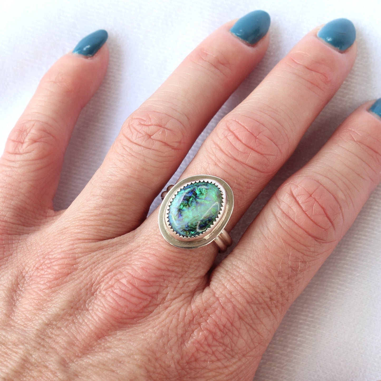 Lab Created Blue Green Monarch Opal Gemstone set in Sterling Silver. Handmade by Cara Carter Jewelry