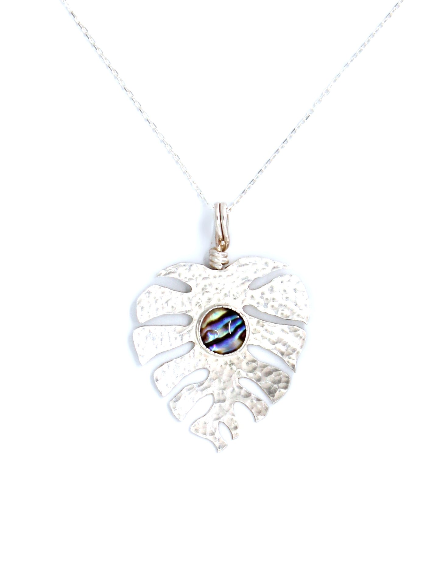 Monstera Leaf + Abalone Hand-Pierced Sterling Silver Necklace