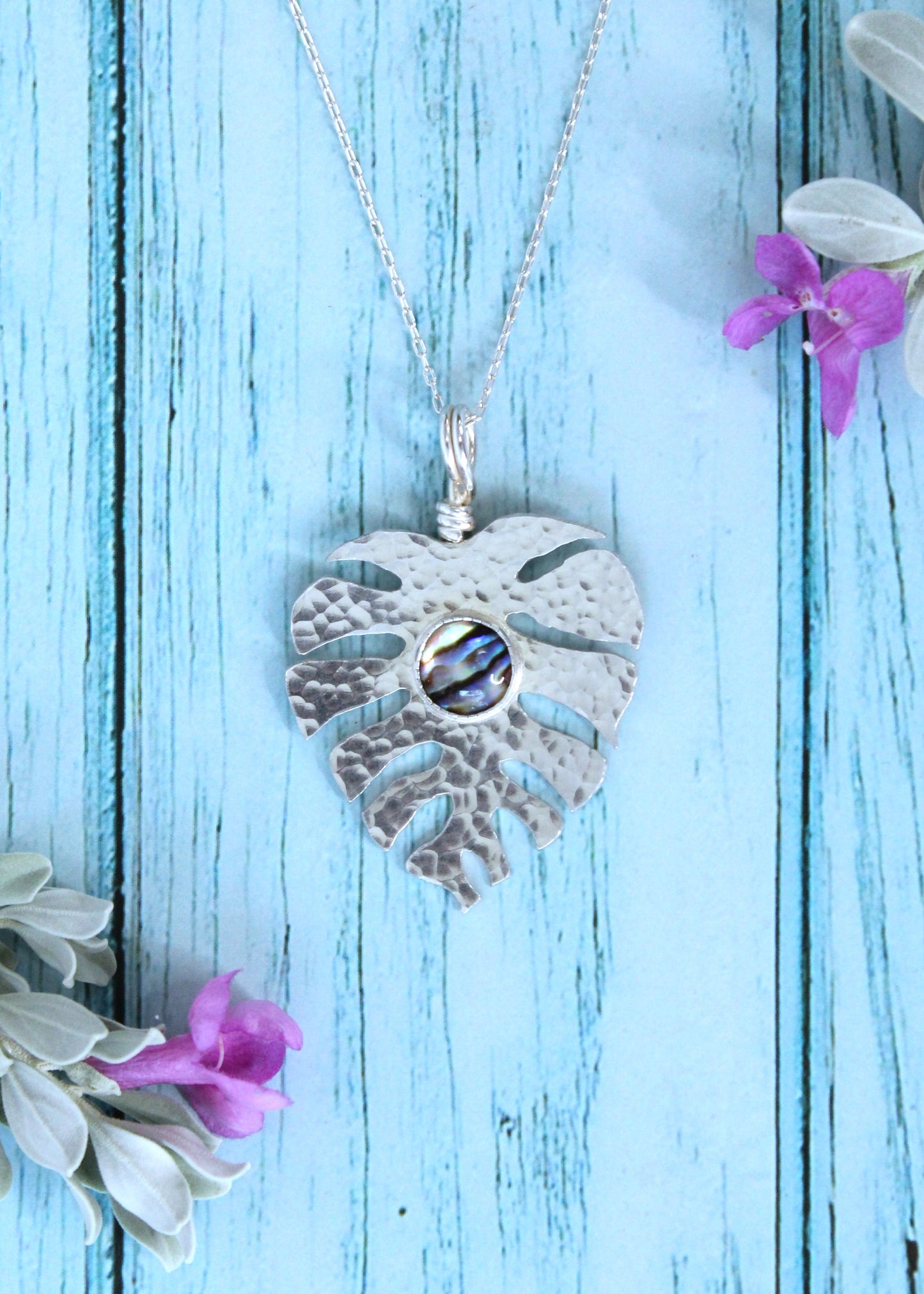 Monstera Necklace with Abalone, Hand-pierced and Hammered from Sterling Silver