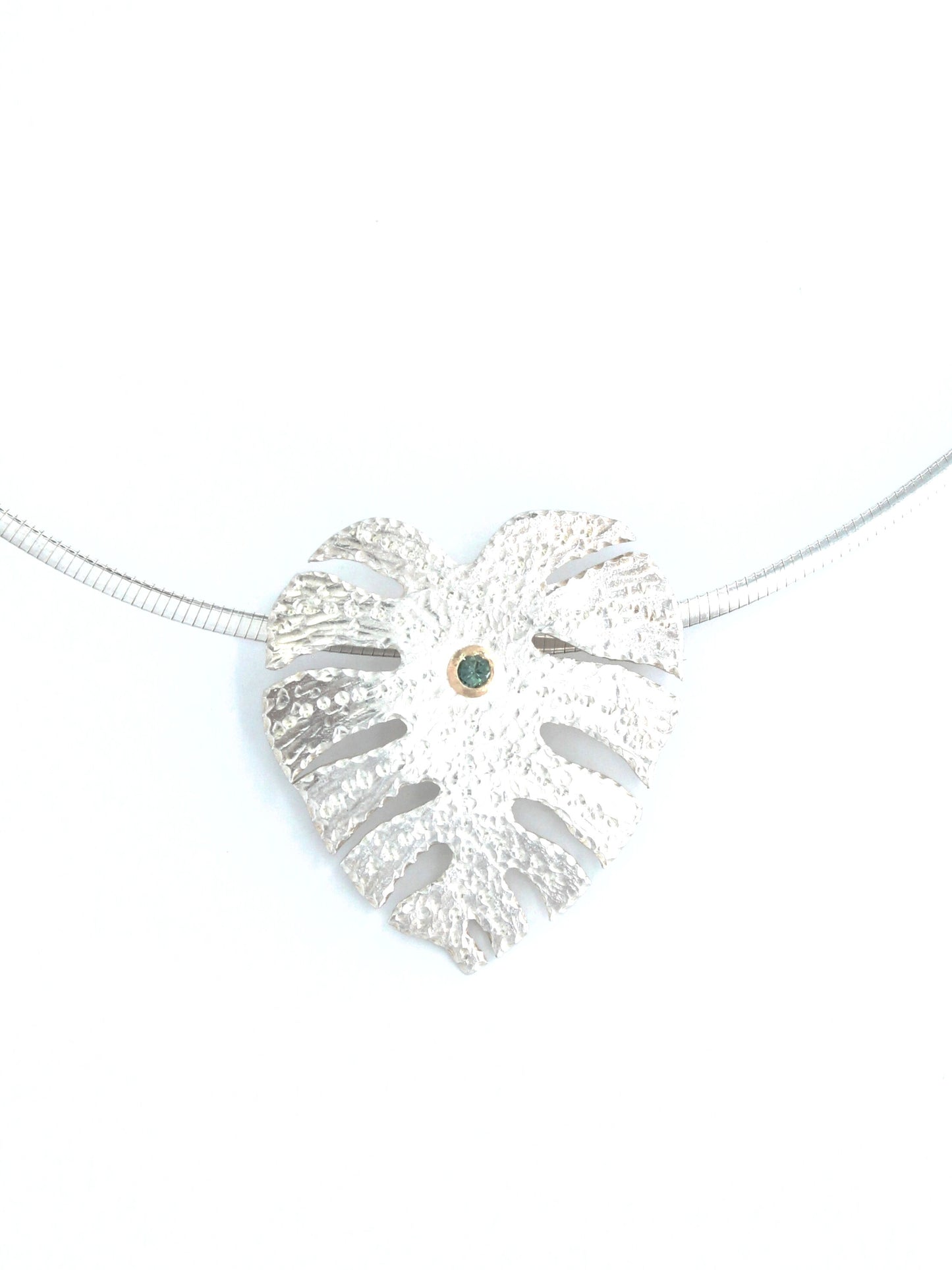 Monstera Hand-Pierced Sterling Silver and 14K Gold Necklace with Green Sapphire