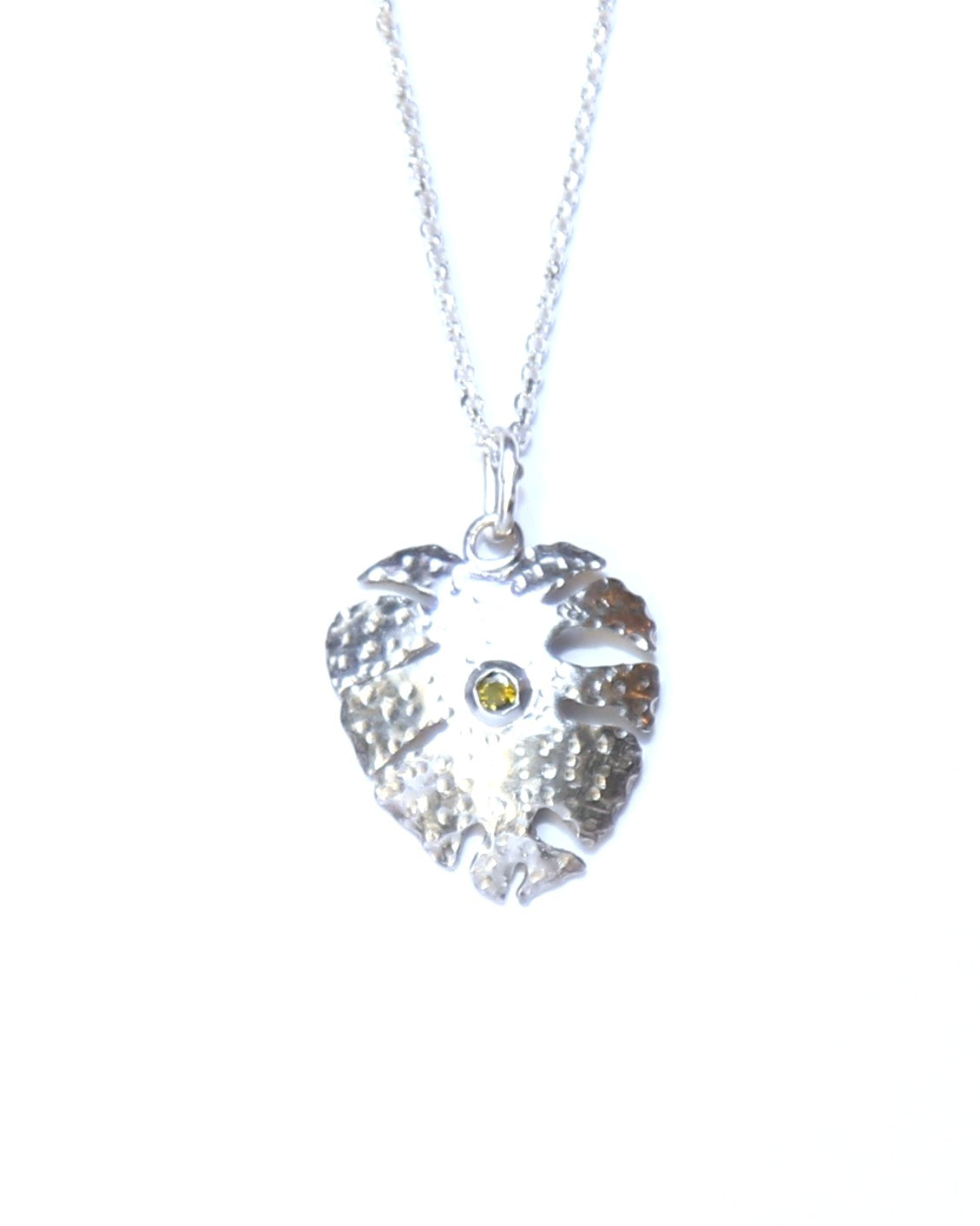 Monstera Leaf Sterling Silver Necklace with Tourmaline