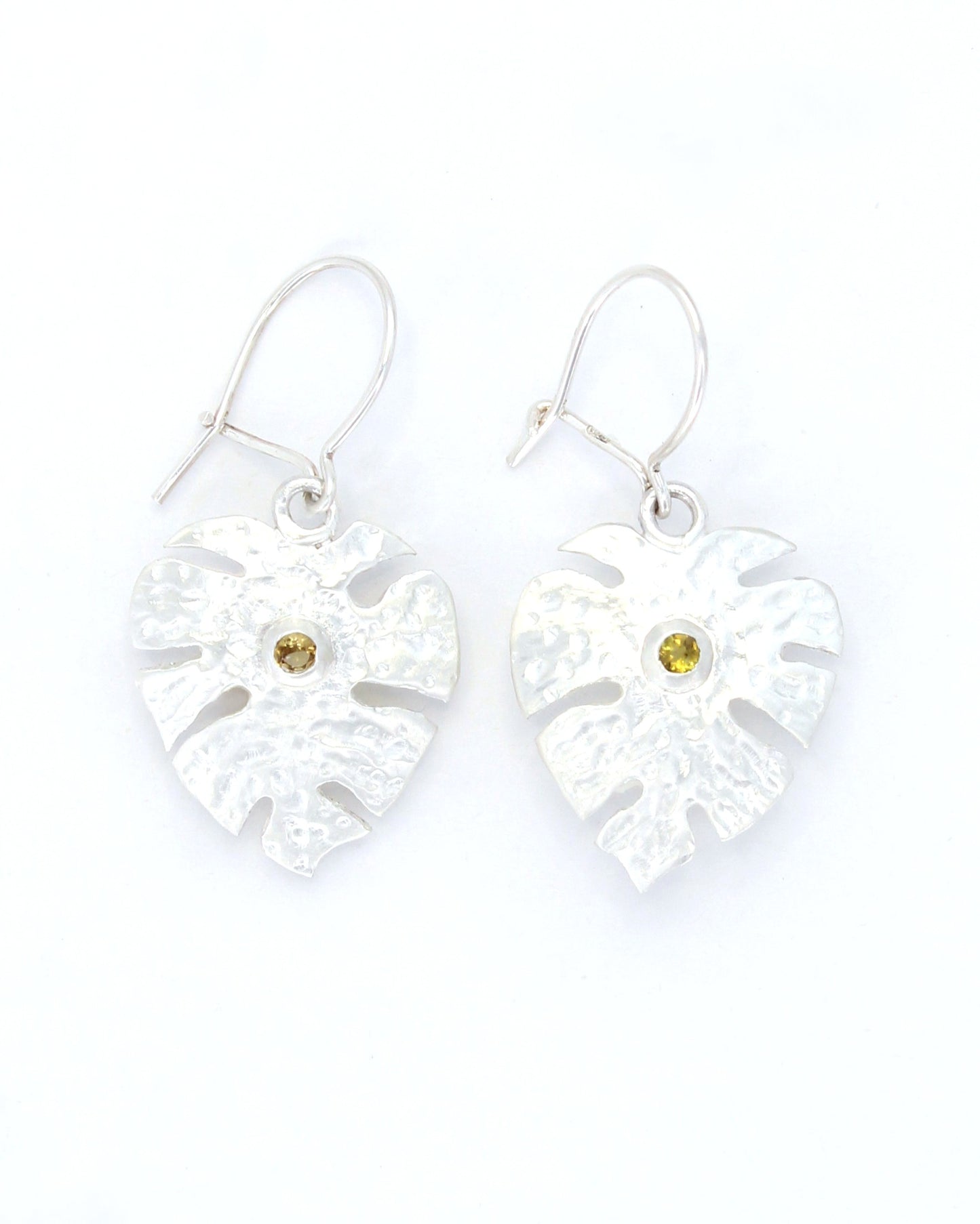 Monstera and Tourmaline Hand-Pierced Sterling Silver Earrings