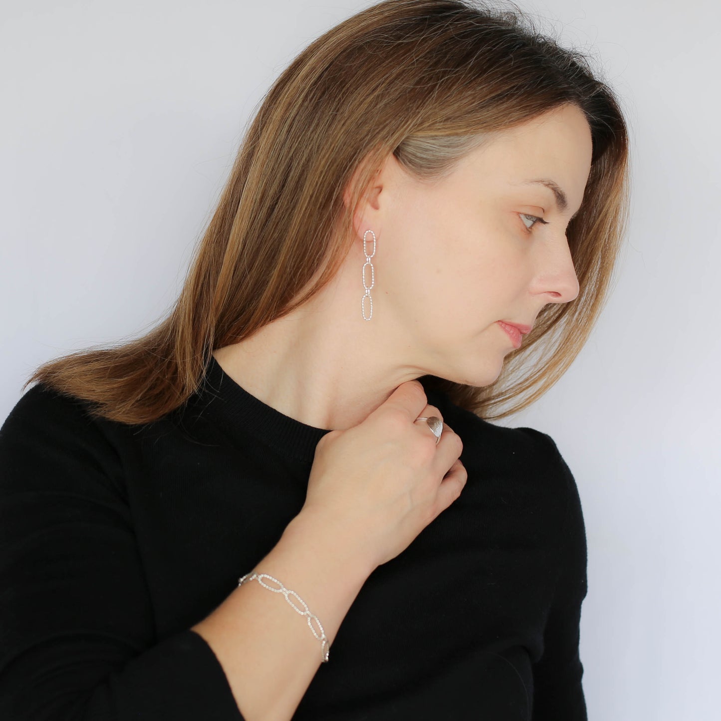 Trinity Beaded Oval Dangle Sterling Silver Earrings