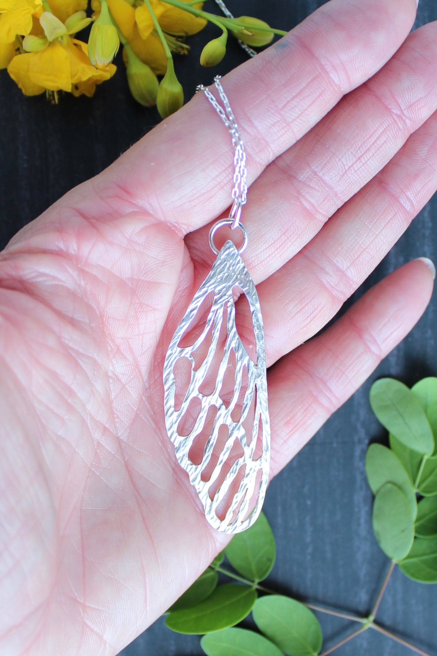 Mystical Cicada Insect Wing Handmade Hand-Pierced and Hammered Sterling Silver Pendant Necklace