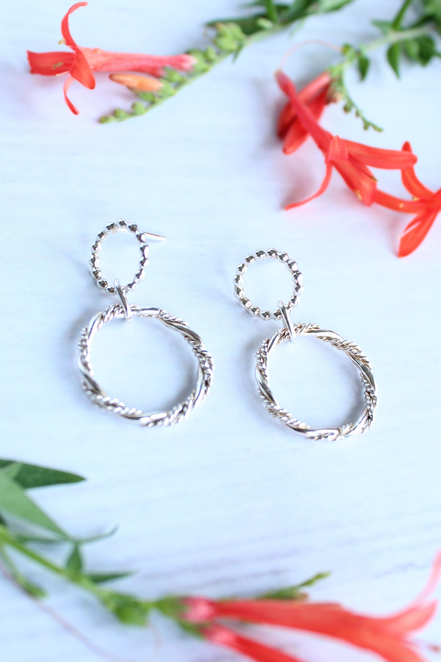 Beaded Circle Orbit Dangle Sterling Silver Post Earrings by Cara Carter Jewelry