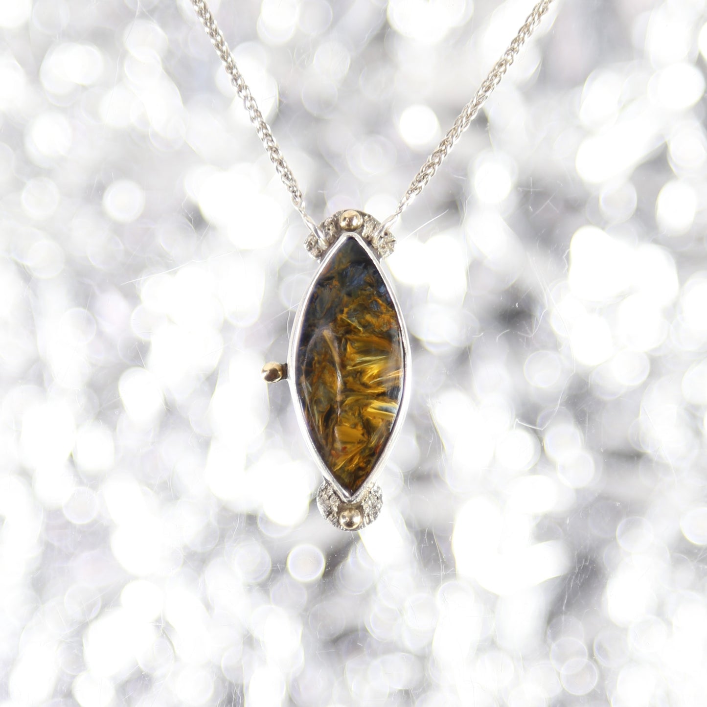 Pietersite "Flame" Sterling Silver and 14k Gold Necklace