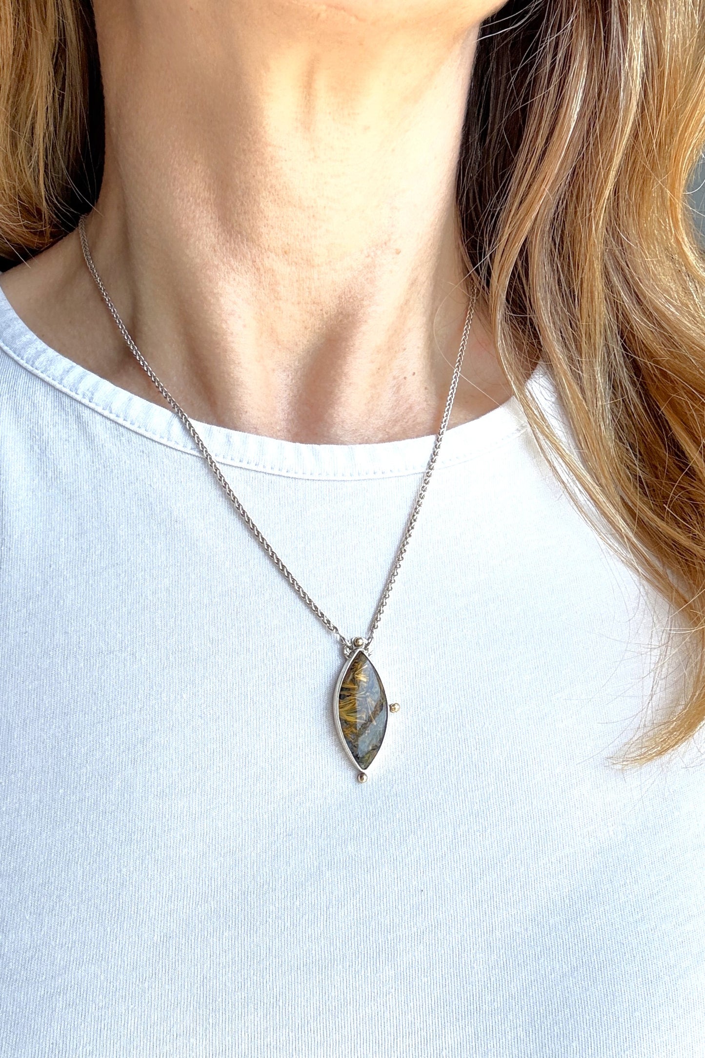 Pietersite "Flame" Sterling Silver and 14k Gold Necklace