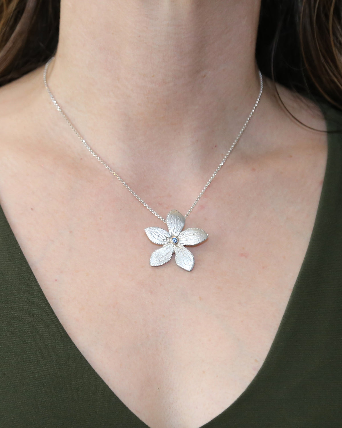 Plumeria Flower Hand-Pierced Sterling Silver and 14K Gold Necklace with Blue Sapphire