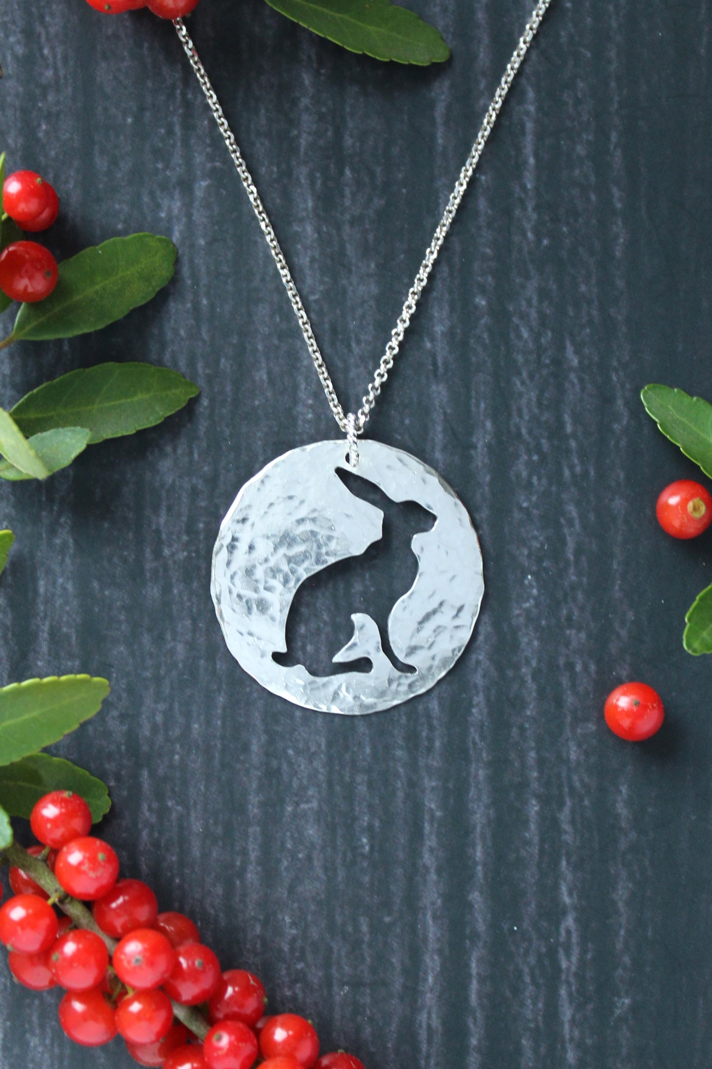 Rabbit Silhouette | Hand-Pierced Sterling Silver Circle Pendant Necklace