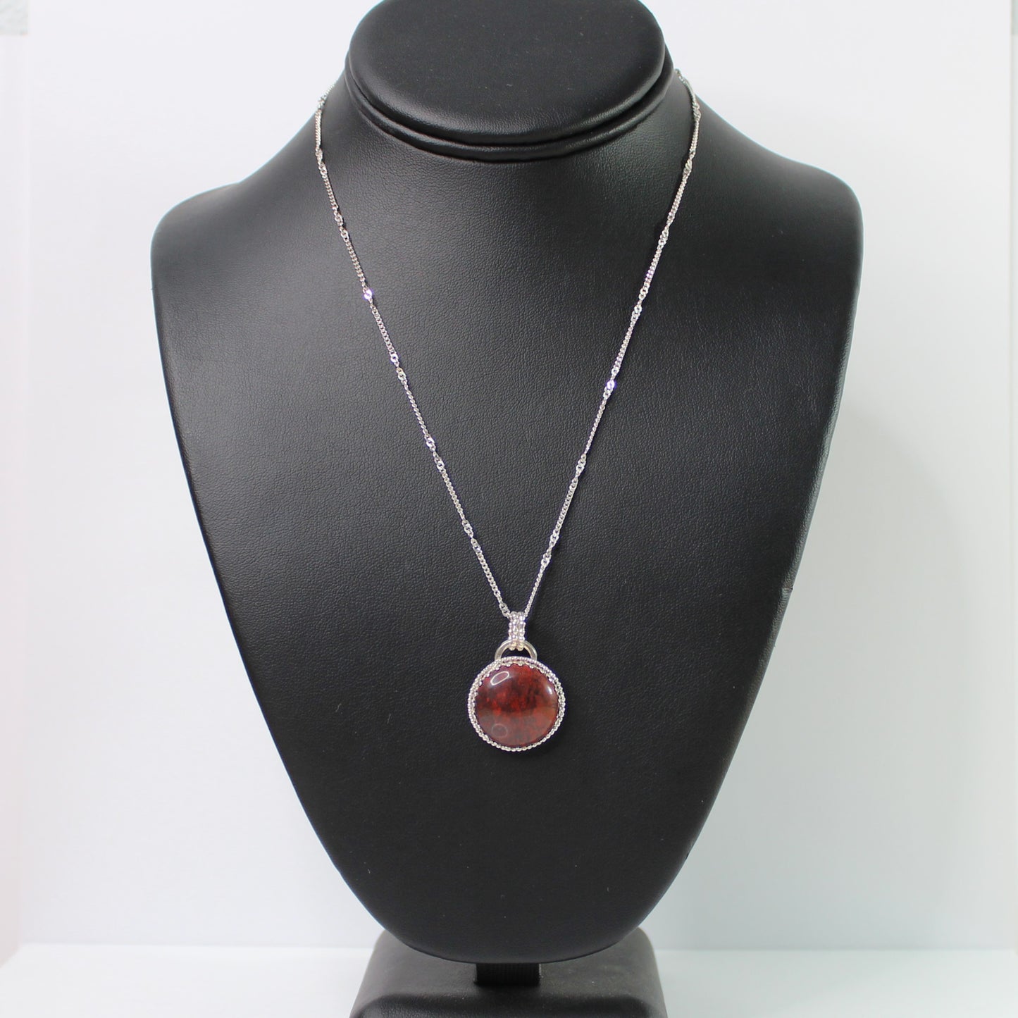 Red Poppy Jasper Circular Gemstone set in Patterned Bezel Surrounded by Beads - Sterling Silver Necklace