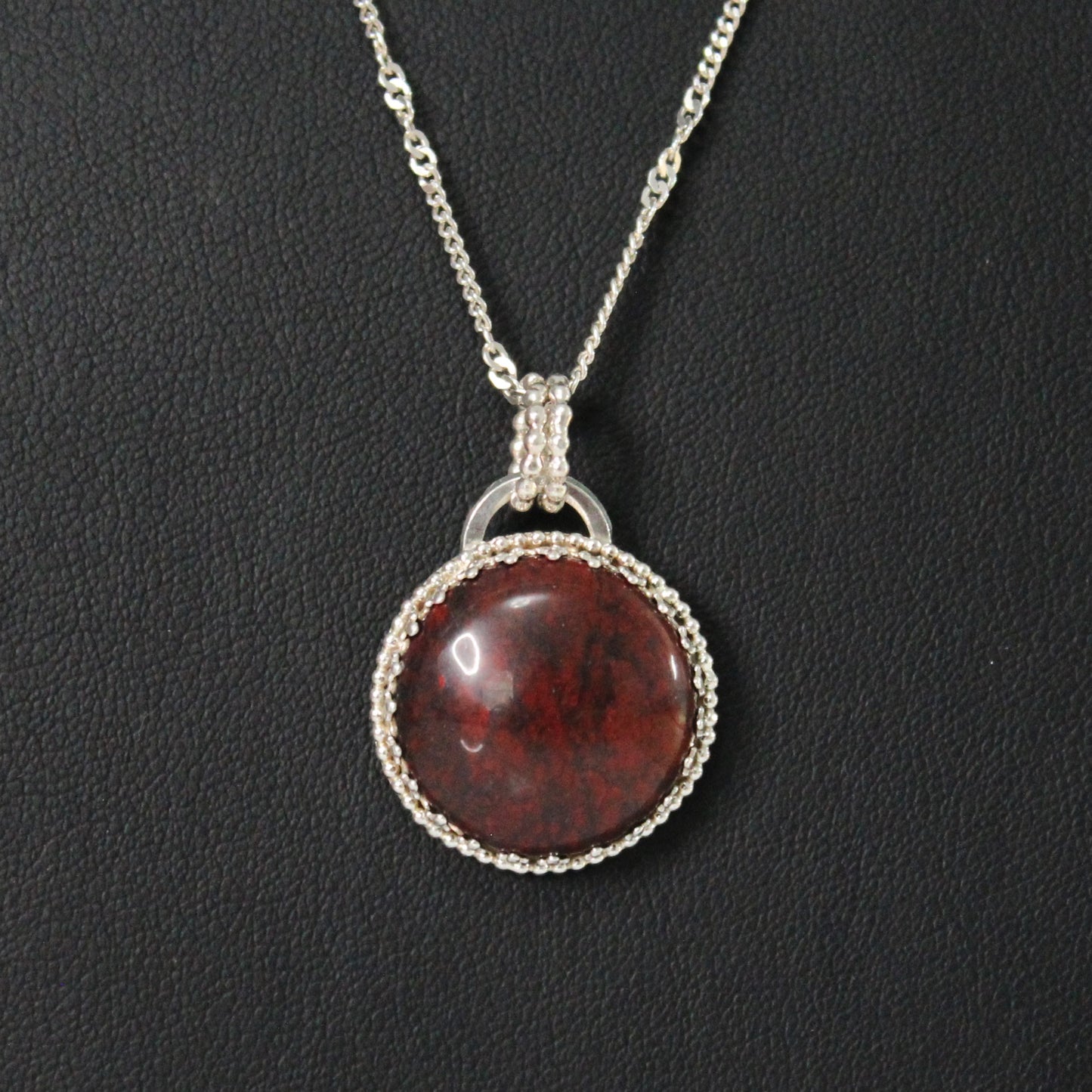 Red Poppy Jasper Circular Gemstone set in Patterned Bezel Surrounded by Beads - Sterling Silver Necklace
