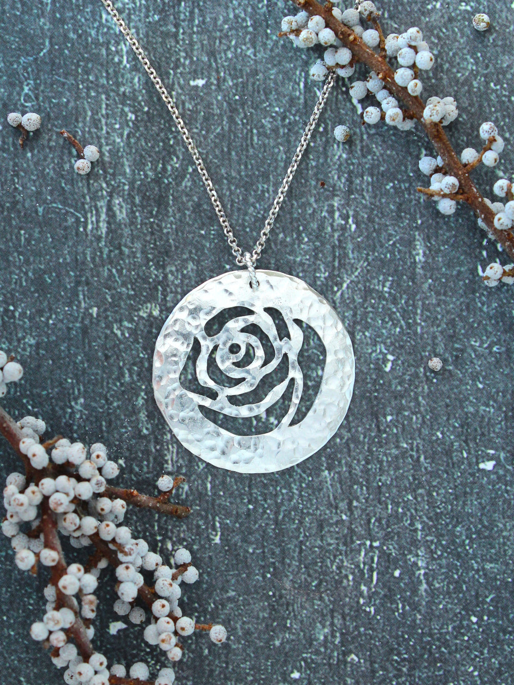 Rose Flower Silhouette Hand Pierced and Hammered Sterling Silver Circle Pendant Necklace for Nature Lovers or to Show Your Love.