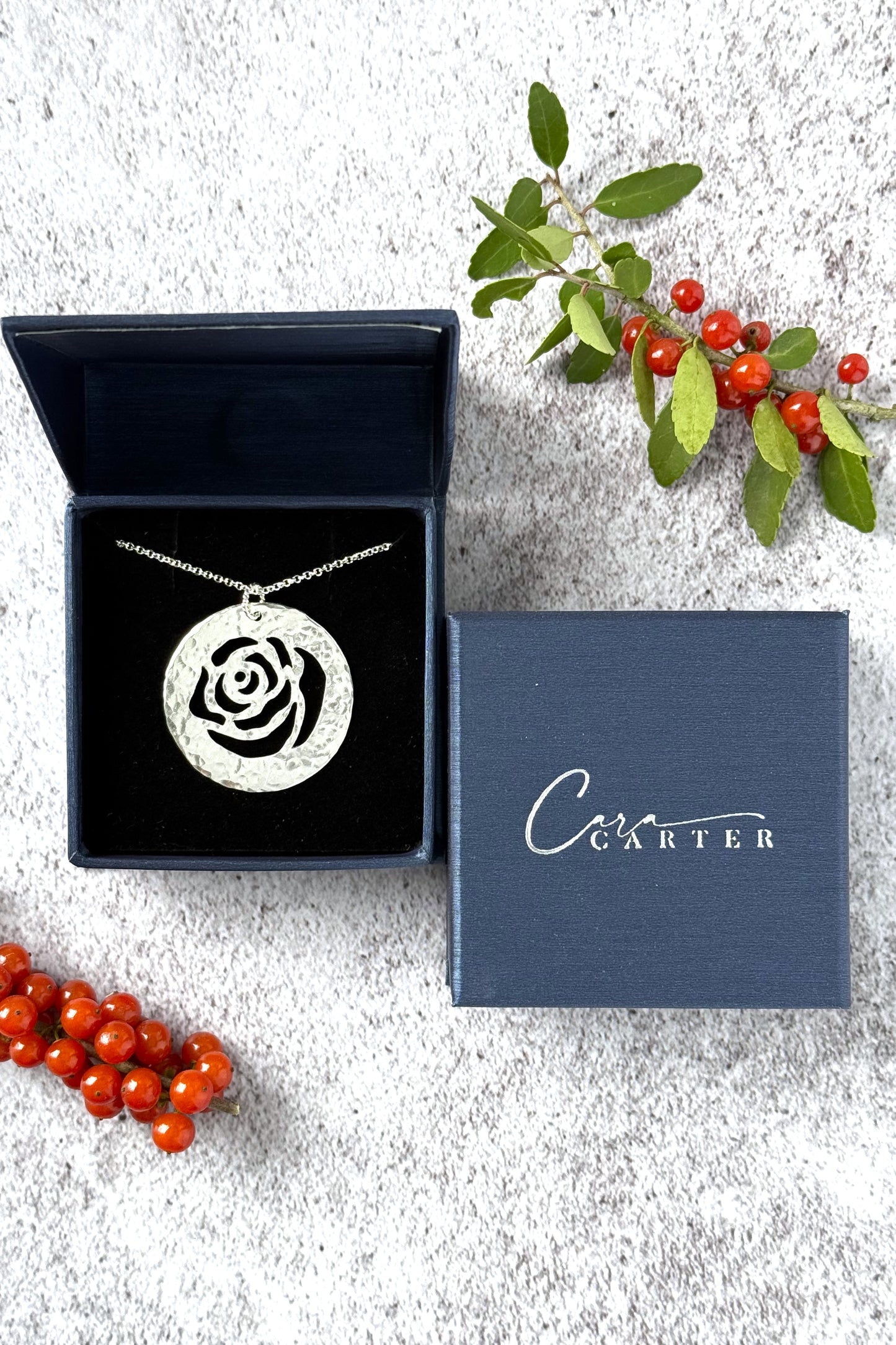 Rose in Bloom Flower | Hand-Pierced Sterling Silver Circle Pendant Necklace