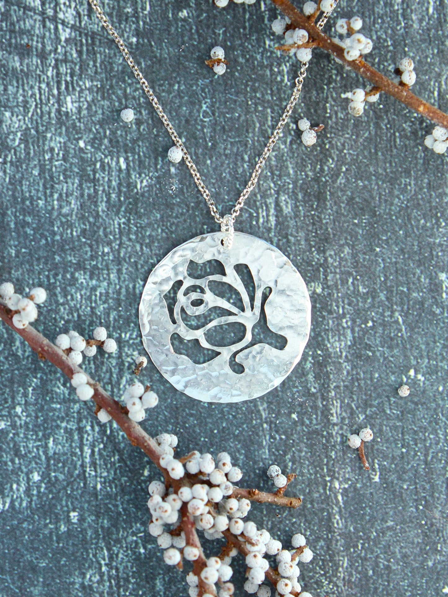 Rose Bud Flower | Hand-Pierced Sterling Silver Circle Pendant Necklace