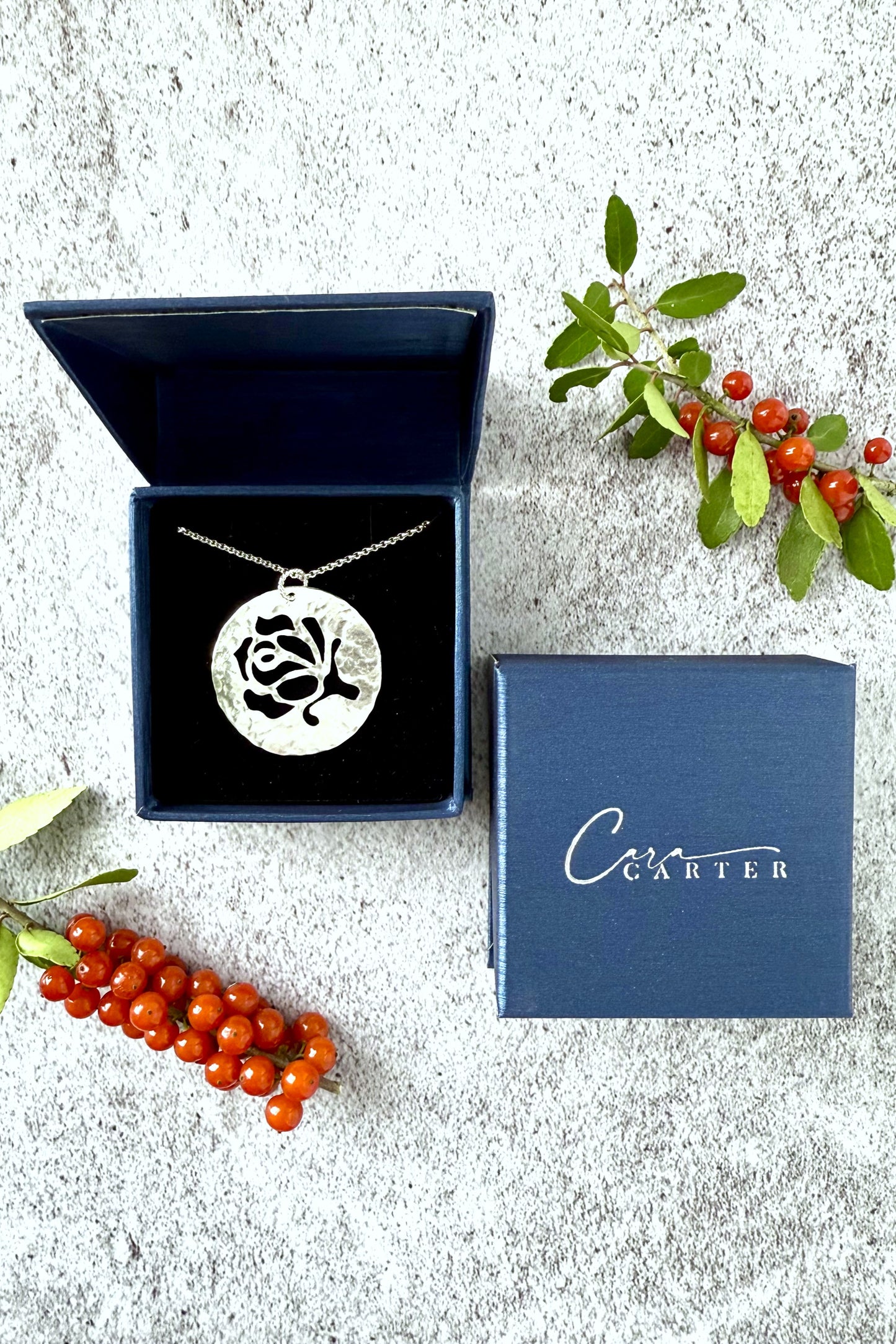 Rose Bud Flower | Hand-Pierced Sterling Silver Circle Pendant Necklace