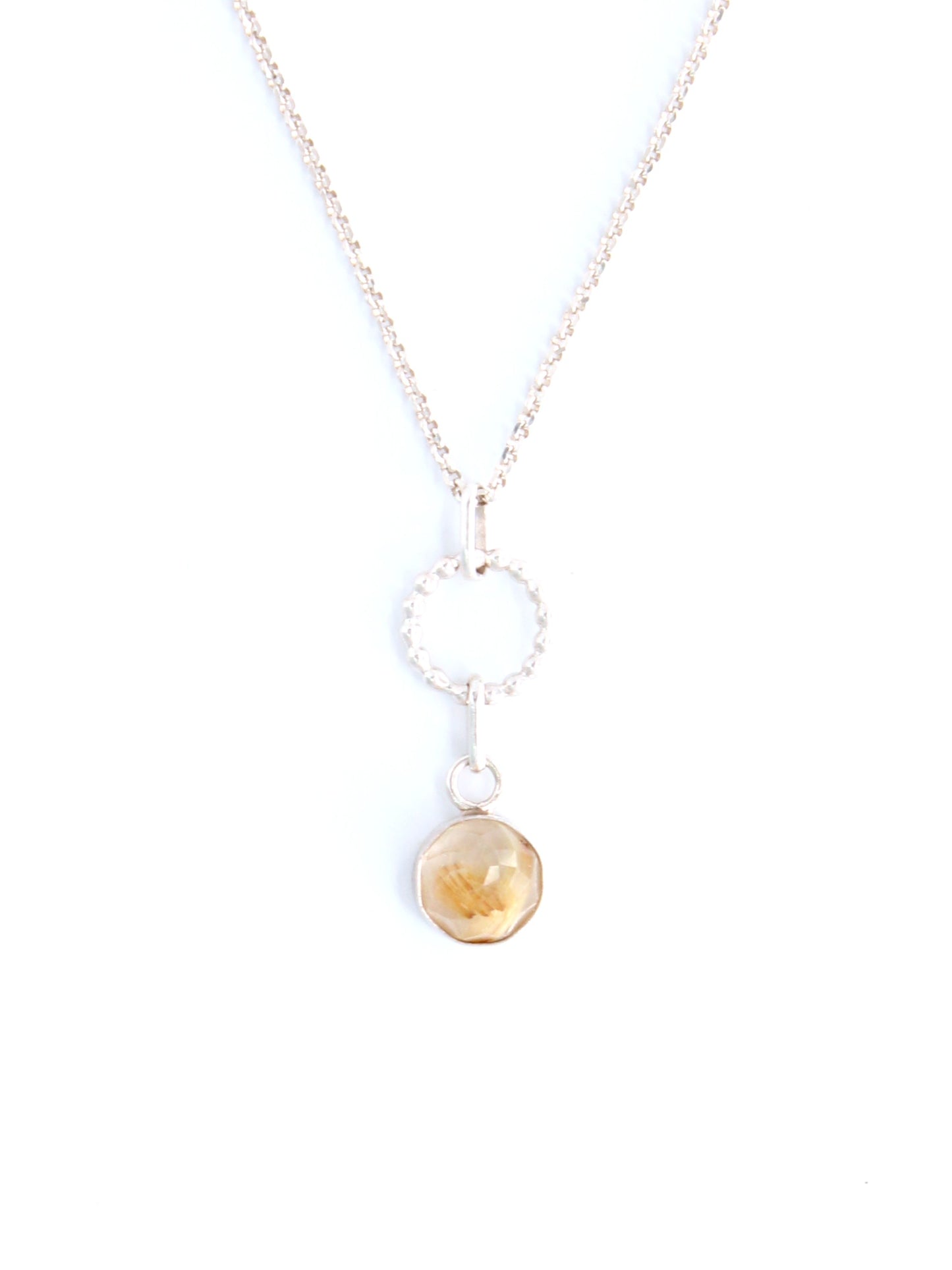 Handmade Rutilated Faceted Quartz Gemstone Beaded Circle Dangle Sterling Silver Pendant Necklace by Cara Carter Jewelry