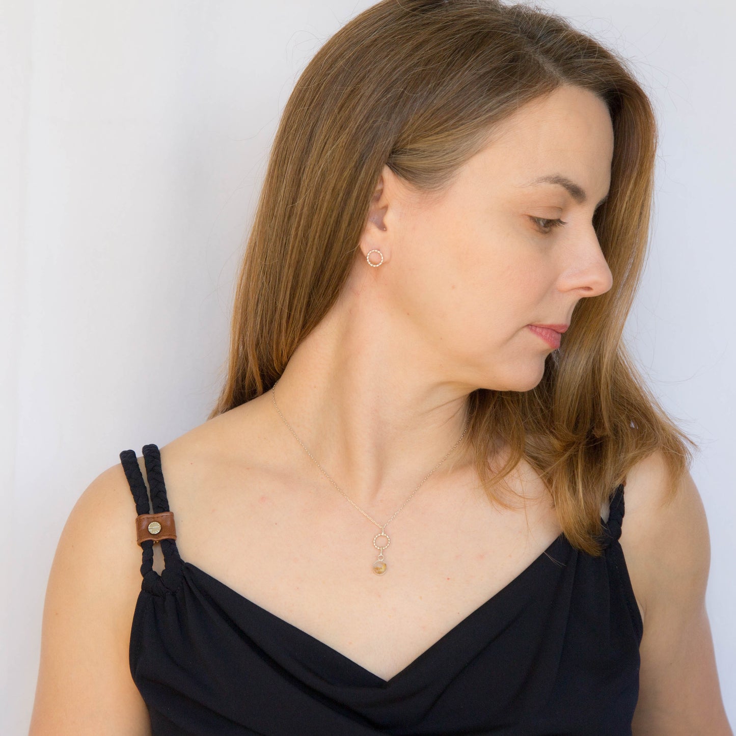 Handmade Rutilated Faceted Quartz Gemstone Beaded Circle Dangle Sterling Silver Pendant Necklace by Cara Carter Jewelry