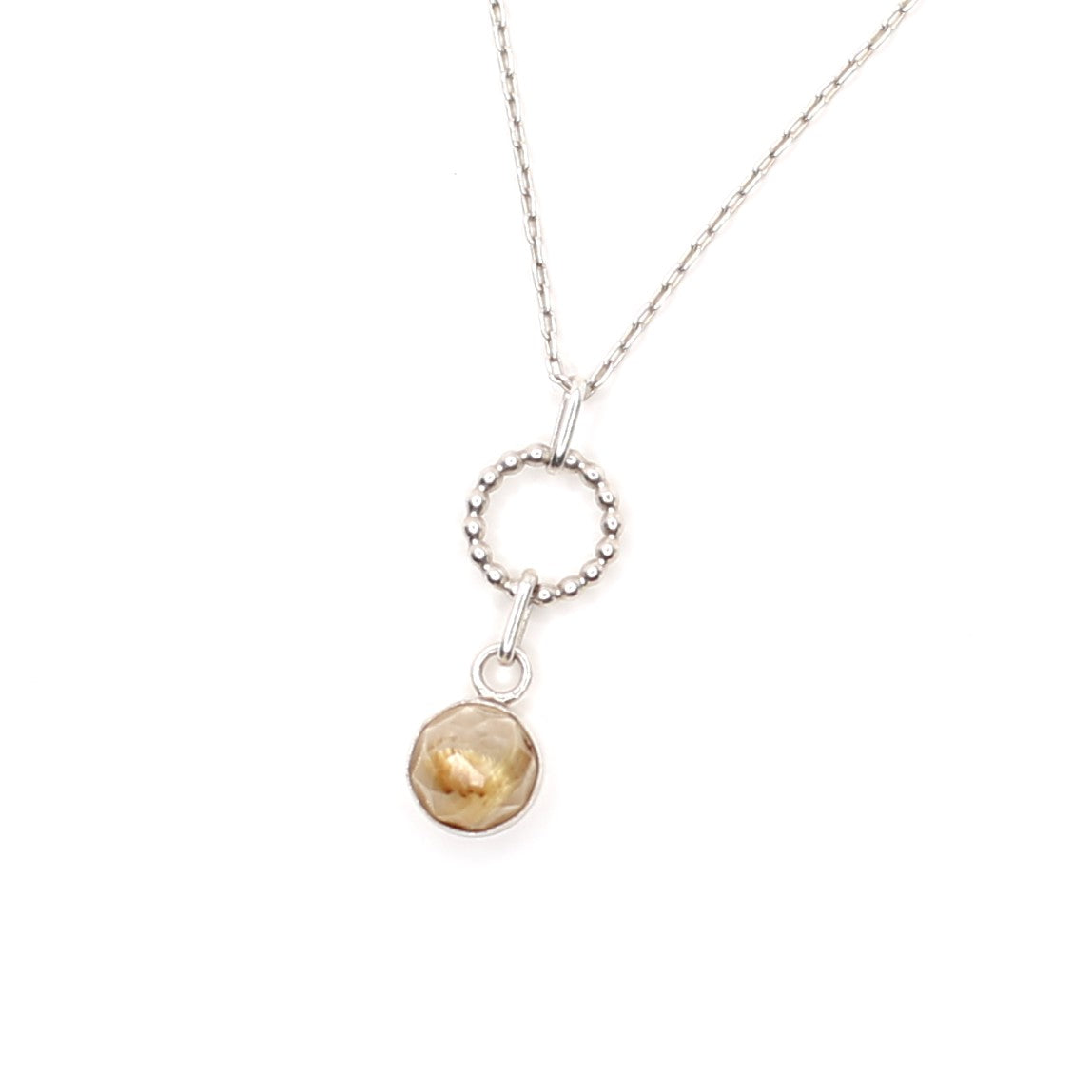 Handmade Rutilated Faceted Quartz Gemstone Beaded Circle Dangle Sterling Silver Pendant Necklace by Cara Carter Jewelry