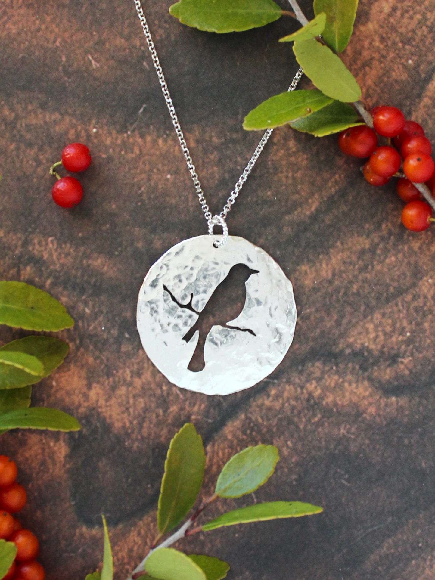 Songbird Silhouette | Hand-Pierced Sterling Silver Circle Pendant Necklace