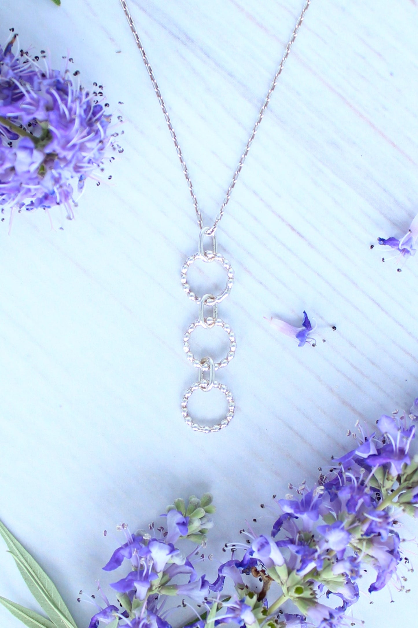 Trinity Beaded Circle Sterling Silver Everyday Pendant Necklace. Handmade by Cara Carter Jewelry