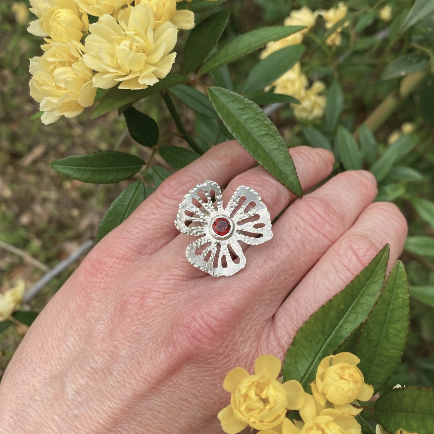 Handmade Garnet Flower Hand-Pierced Sterling Silver Ring - Size 5.5 by Cara Carter Jewelry