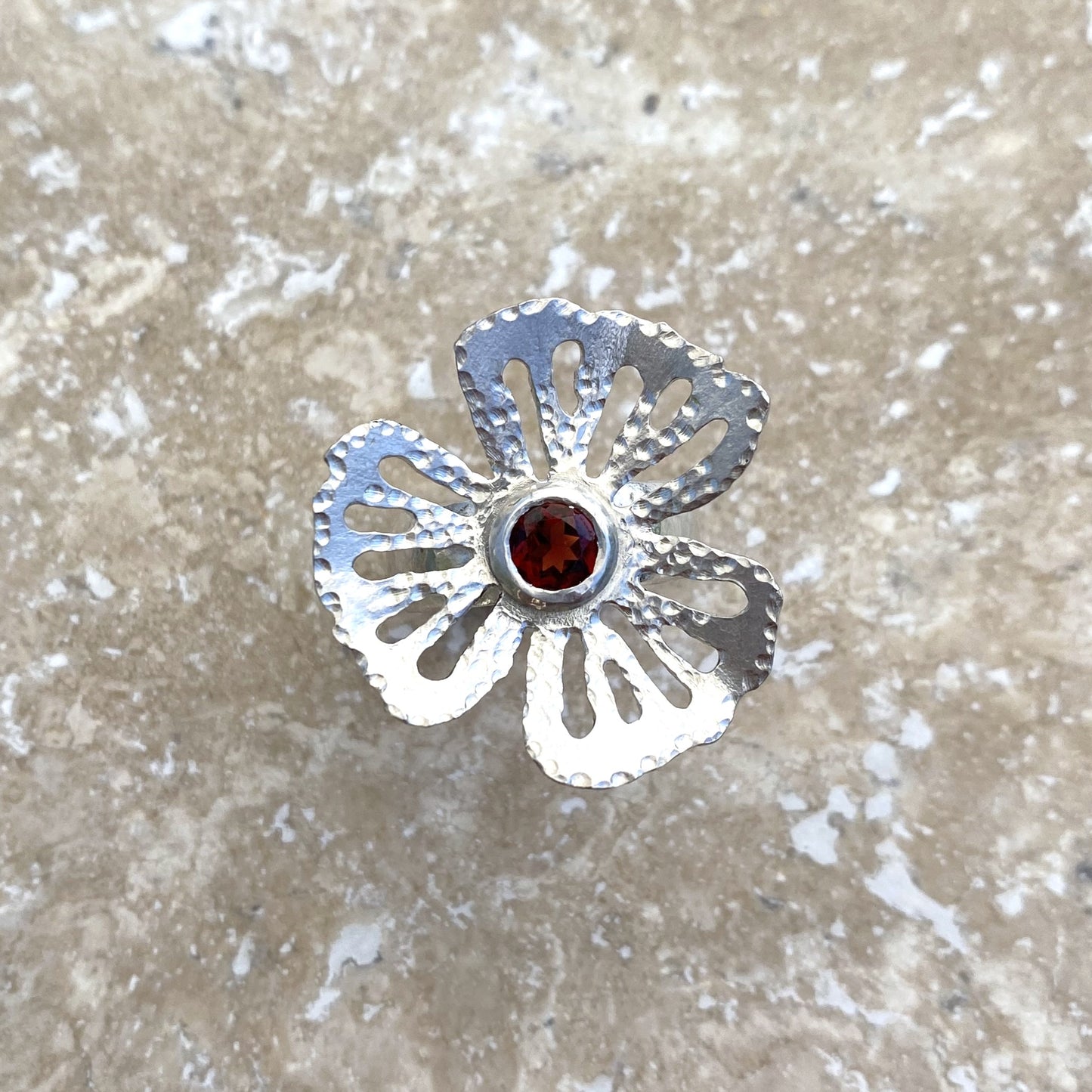 Handmade Garnet Flower Hand-Pierced Sterling Silver Ring - Size 5.5 by Cara Carter Jewelry