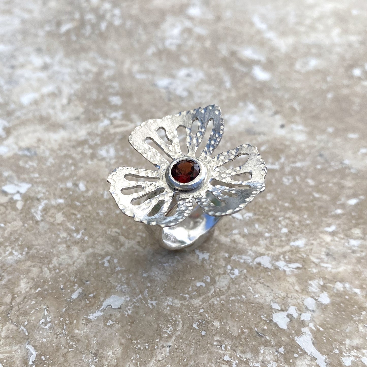 Handmade Garnet Flower Hand-Pierced Sterling Silver Ring - Size 5.5 by Cara Carter Jewelry