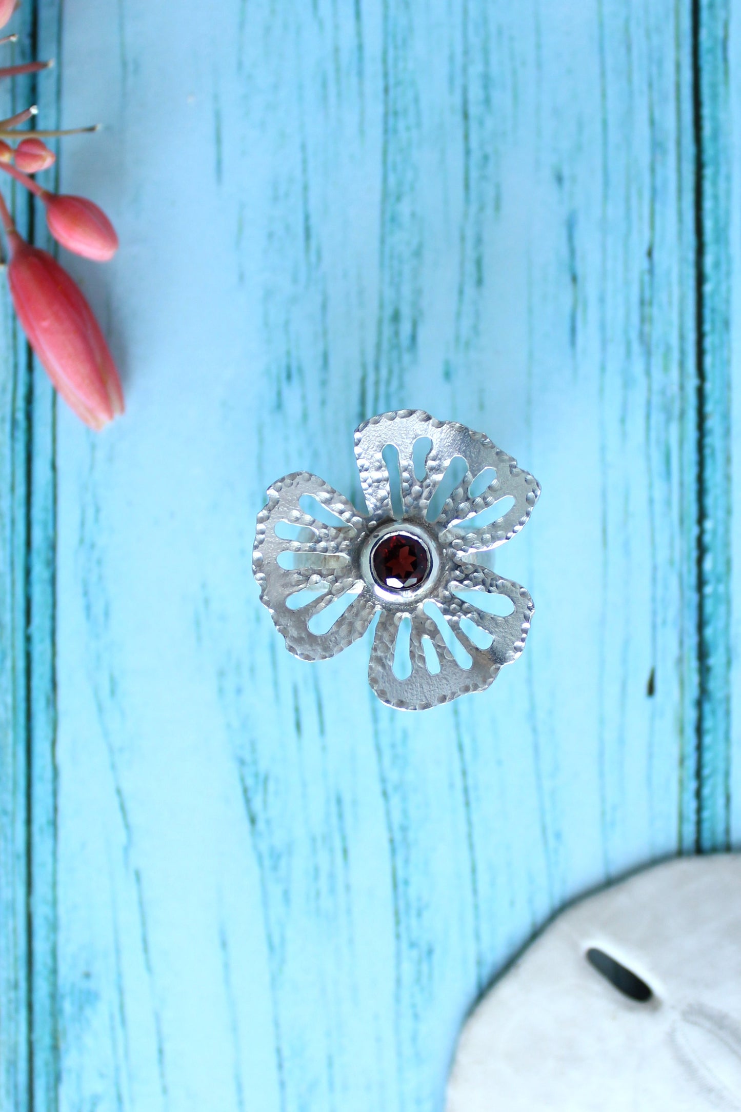 Handmade Garnet Flower Hand-Pierced Sterling Silver Ring - Size 5.5 by Cara Carter Jewelry