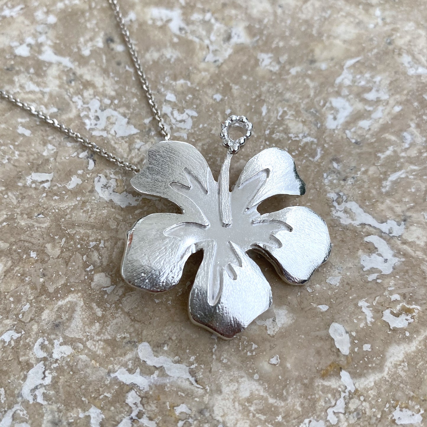 Handmade Hibiscus Flower Hand-Pierced Sterling Silver Pendant Necklace by Cara Carter Jewelry