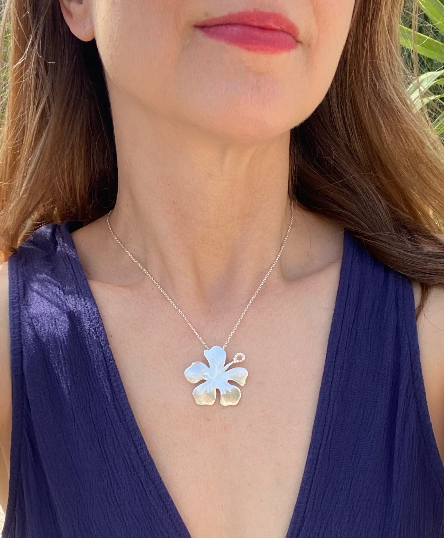 Handmade Hibiscus Flower Hand-Pierced Sterling Silver Pendant Necklace by Cara Carter Jewelry