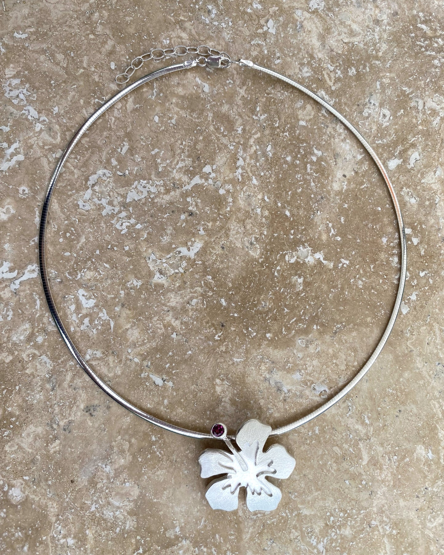 Hibiscus Flower Hand-Pierced Sterling Silver Necklace with Tourmaline