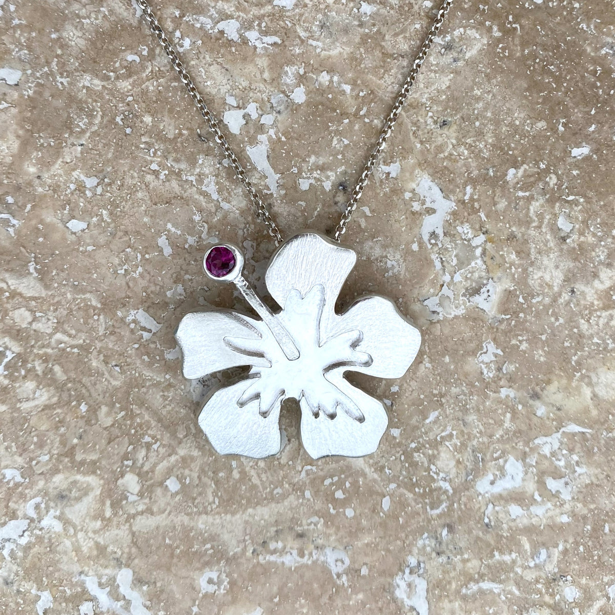 Handmade Hibiscus Flower Hand-Pierced Sterling Silver Pendant Necklace with Pink Tourmaline Gemstone by Cara Carter Jewelry