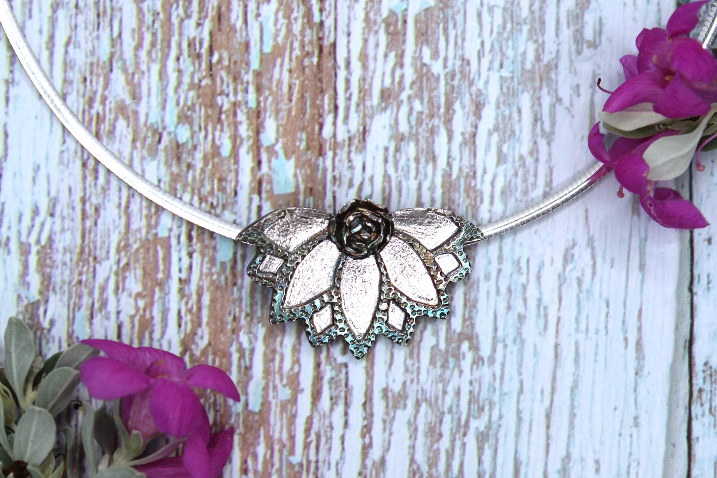 Lotus Fan Succulent Flower Hand-Pierced Sterling Silver Necklace