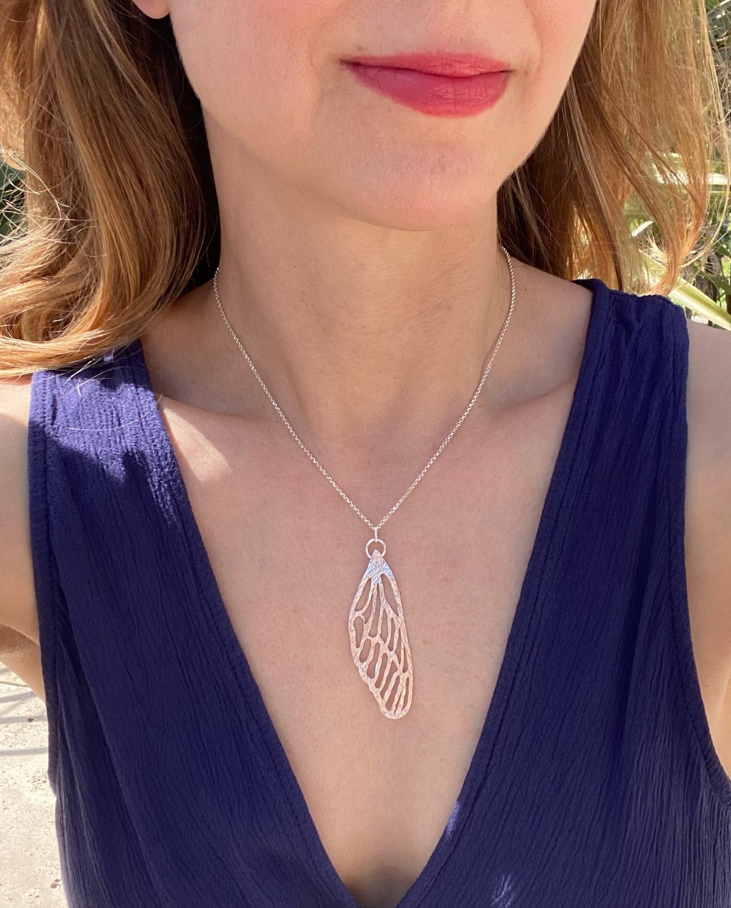 Mystical Cicada Insect Wing Handmade Hand-Pierced and Hammered Sterling Silver Pendant Necklace