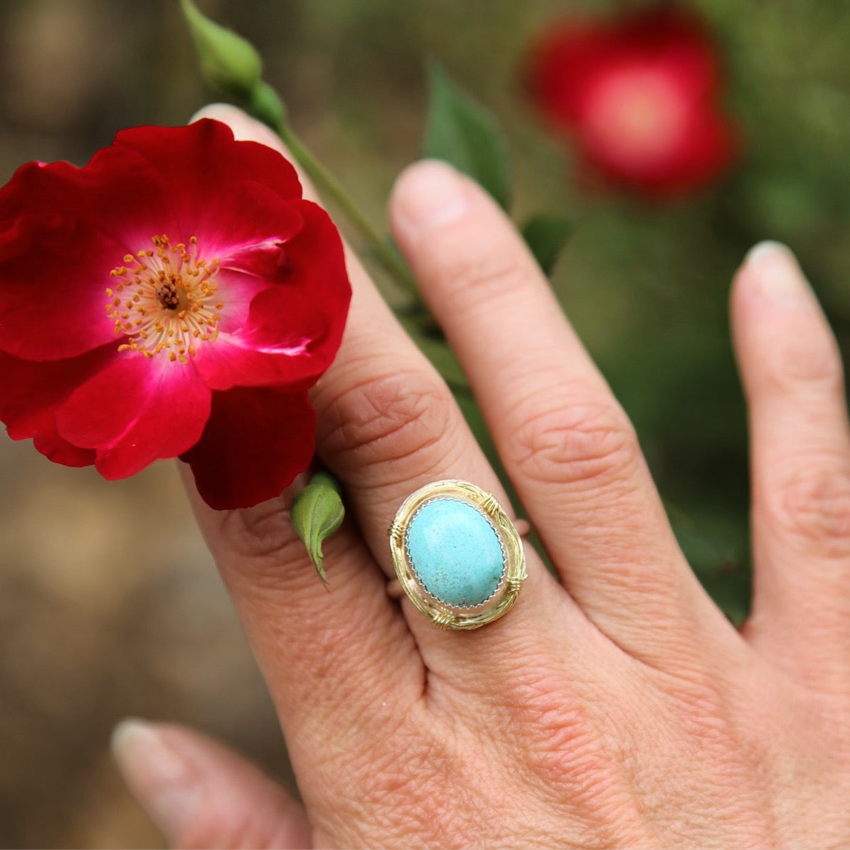 Turquoise Gemstone Birds Nest Ring set in Sterling Silver and 18k Gold. One of a Kind and Handmade by Cara Carter Jewelry