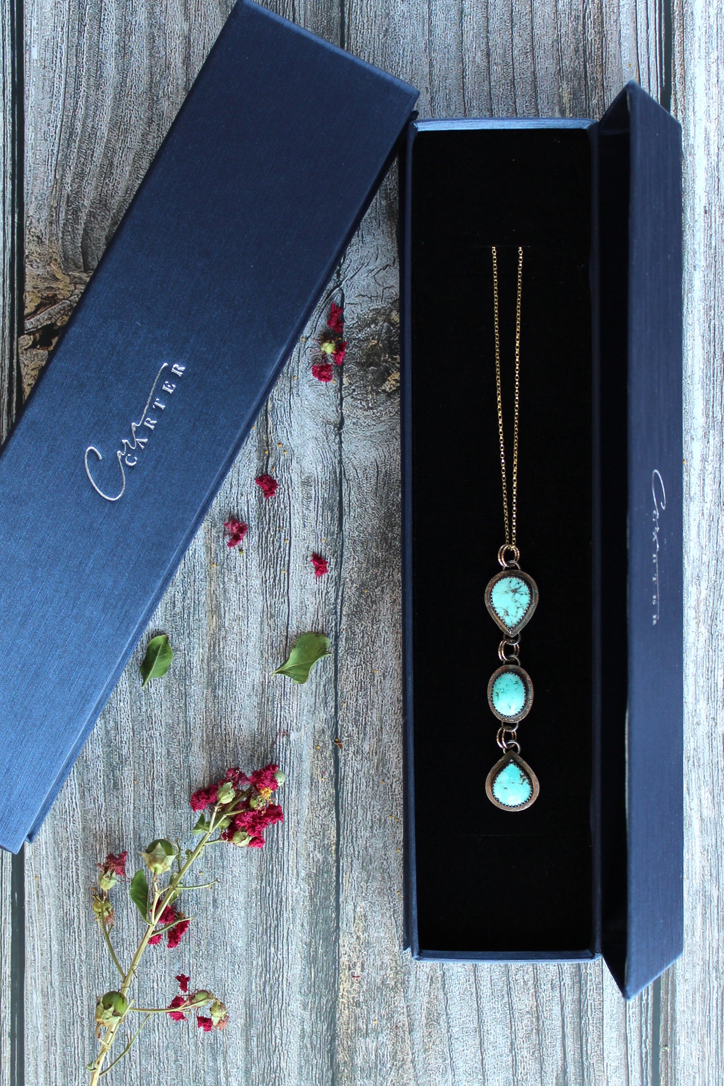 Turquoise Trio Long Statement Mixed Metal Necklace in Oxidized Sterling Silver and 14k Gold-Fill with 14k Gold-Fill Necklace. One of a Kind and Handmade by Cara Carter Jewelry