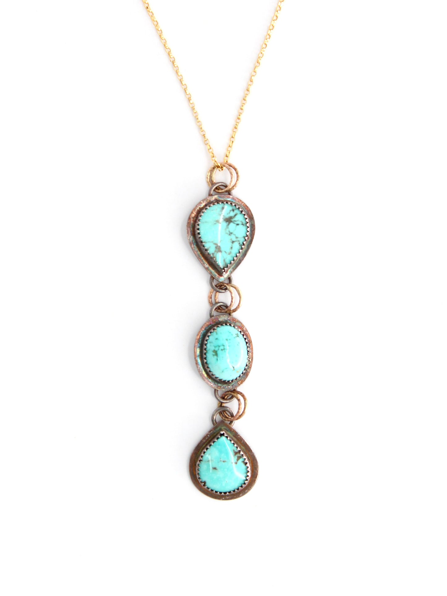 Turquoise Trio Long Statement Mixed Metal Necklace in Oxidized Sterling Silver and 14k Gold-Fill with 14k Gold-Fill Necklace. One of a Kind and Handmade by Cara Carter Jewelry