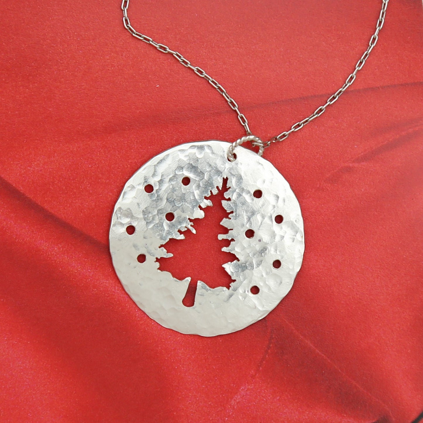 Winter in the Woods Pendant - Hand Cut and Hammered Circle Sterling Silver Pendant that Evokes a Pine Tree in a Snowy Forest