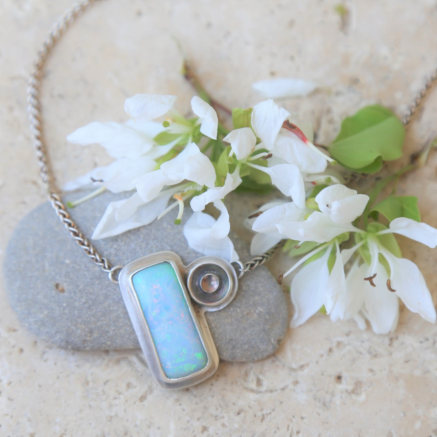 Lab-Created Atlantis Opal Pastel Gemstone set in a Sterling Silver Architectural Geometric Design. Handmade by Cara Carter Jewelry