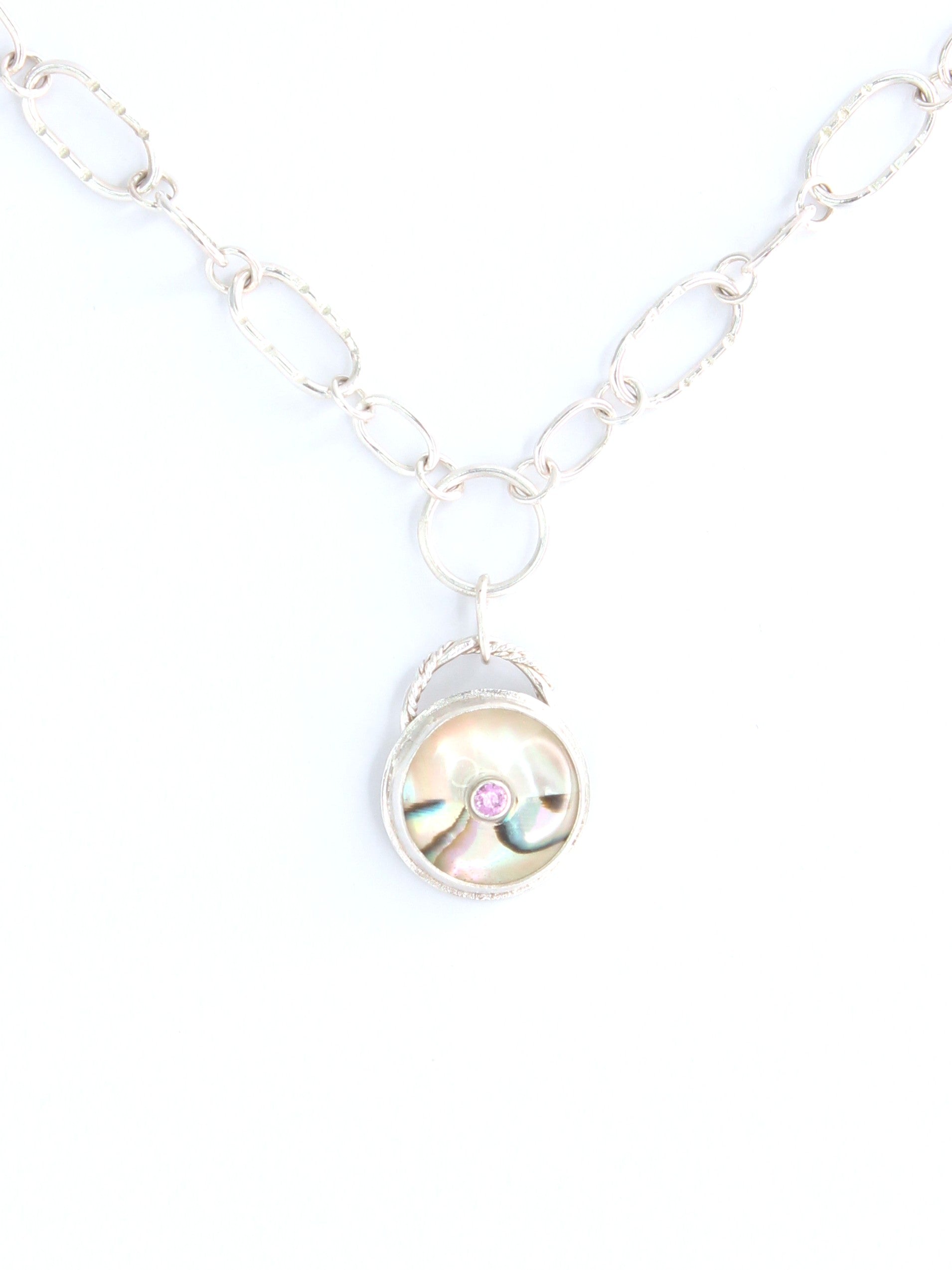 Handcrafted Pink Sapphire and Abalone Sterling Silver Statement Necklace with Handmade Links