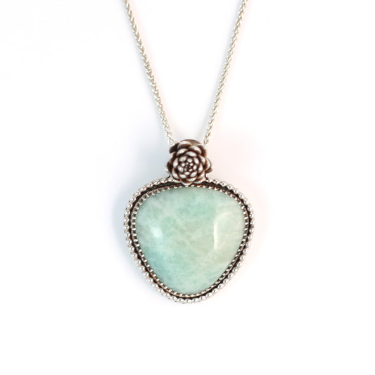 Amazonite Light Green Gemstone and Cast Succulent in Decorative Beaded Setting - Sterling Silver Necklace